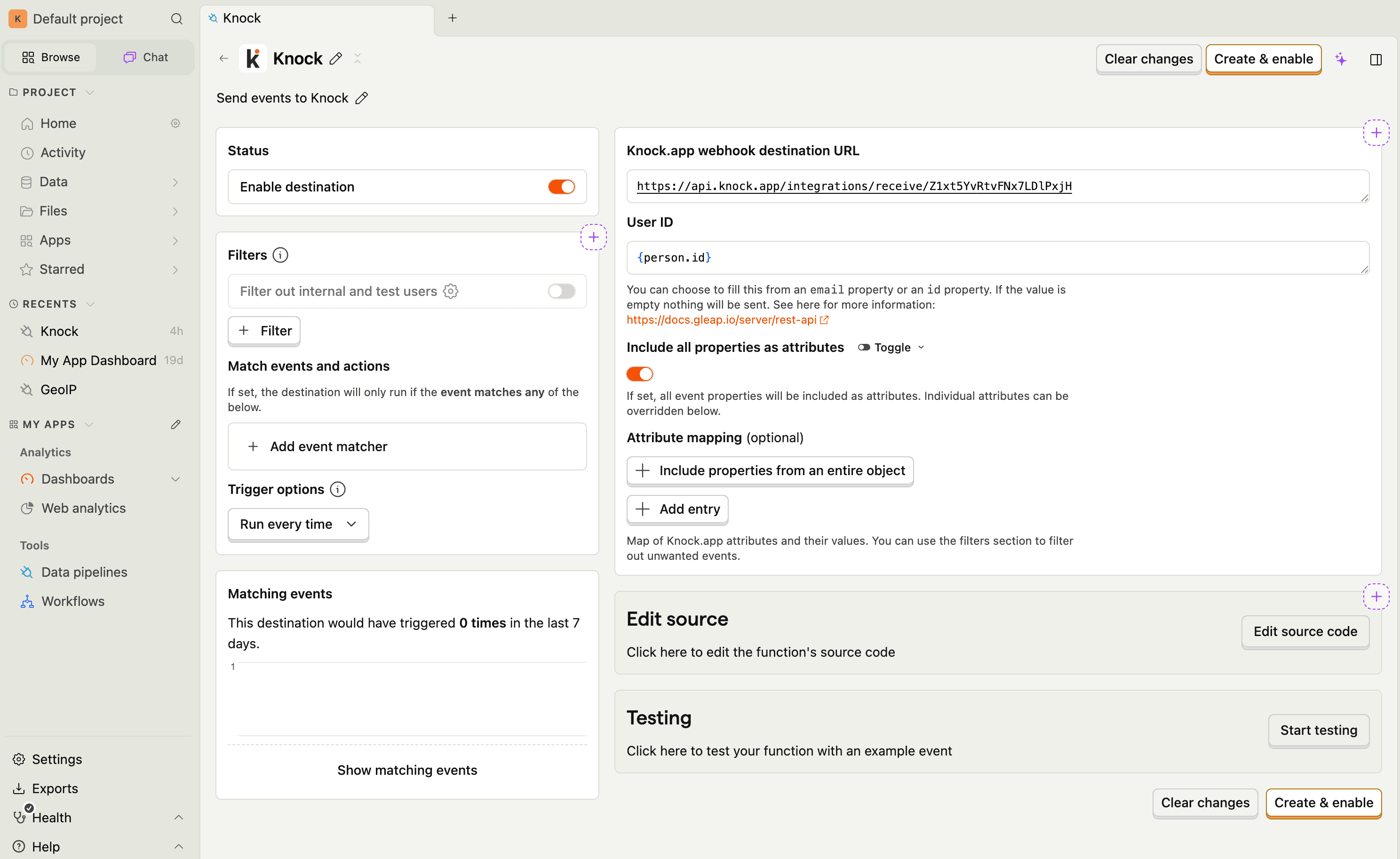The PostHog Knock destination configuration page showing webhook URL, User ID, filters, and event matchers