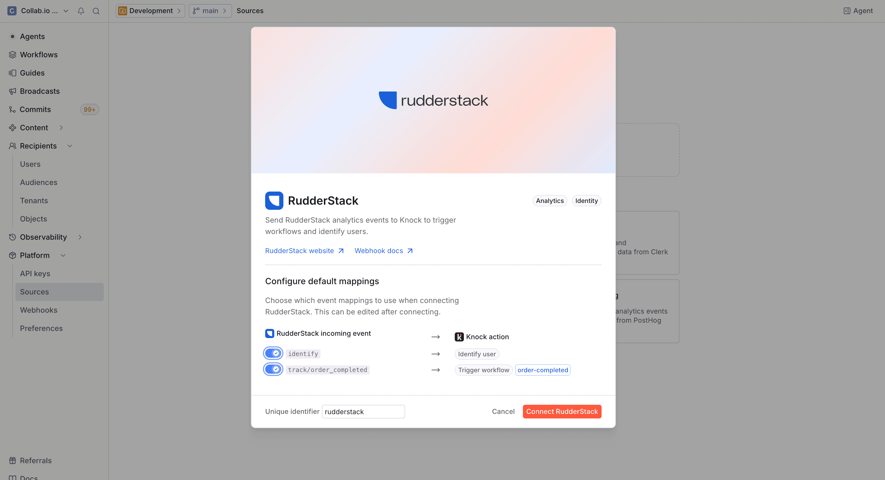 The RudderStack source creation modal showing default action mappings for incoming events