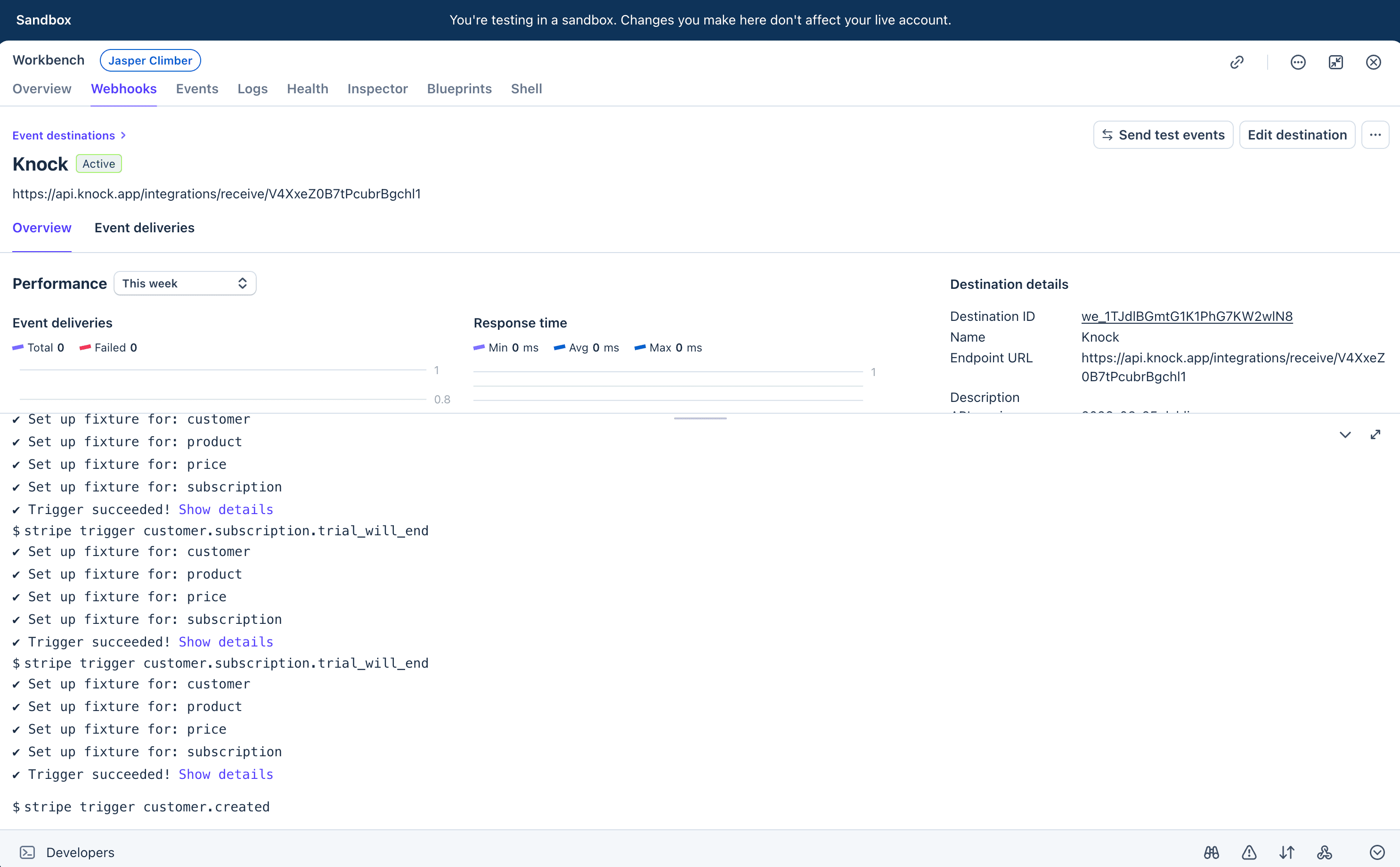 The Stripe Workbench built-in Shell showing stripe trigger commands sending test events